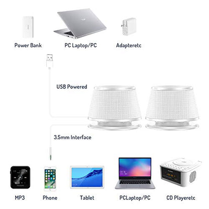 Sanyun SW102 Computer Speakers for Desktop PC Laptop, 2.0 USB Powered | Dual Passive Radiators, Punchy Bass, 3.5mm AUX for Audio, In-Line Volume Control, Plug and Play, Space-Saving (Pair, White) - color: White
