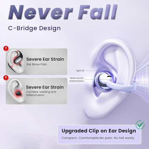 Ear Clip Earbuds Mini Open Ear Headphones Wireless Bluetooth Earphones for Sport Workout Driving Walking Running Compatible with iPhone Android (Purple)