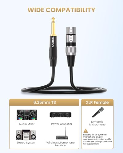 Tisino 암 XLR - 0.6cm(0.25인치) TS 모노 잭 언밸런스 마이크 케이블, 3m(10피트) | XLR 암 - 다이나믹 마이크/믹서/스피커용 1/4 모노 잭 오디오 케이블, 20AWG 금 도금 OFC 차폐 마이크 코드 - size: 10피트
