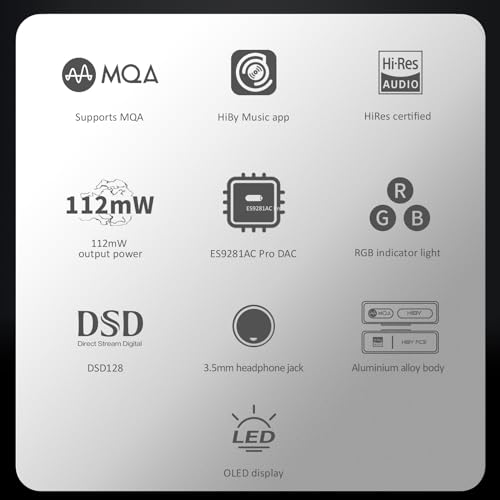 HiBy FC3 USB DAC with Display Hi-Res Audio 112mW Output Power Support PCM DSD MQA dongle for iPhone/MAC/Android/Windows(Black) - color: Black