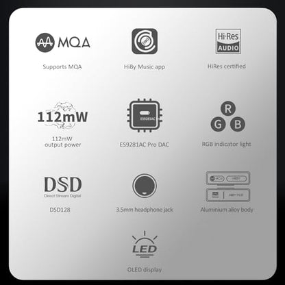 HiBy FC3 USB DAC with Display Hi-Res Audio 112mW Output Power Support PCM DSD MQA dongle for iPhone/MAC/Android/Windows(Black) - color: Black