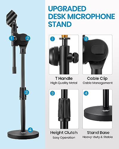 Moukey Mic Stand Desk Adjustable Tabletop Microphone Stand with Non-Slip Mic Clip, Short Table Mic Stand with Gear Fixing, Boom Arm, 3/8" and 5/8" Adapter, MMs-5