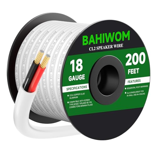 White Speaker Wire 18 Gauge 200FT CL2 Rated CCA Speaker Cable | Flexible PVC Jacket 2 Conductors Red & Black Polarity Mark for Home Theater,Indoor,In-Wall,In-Ceiling & Marine - size: 200 FT, style: 18GAUGE