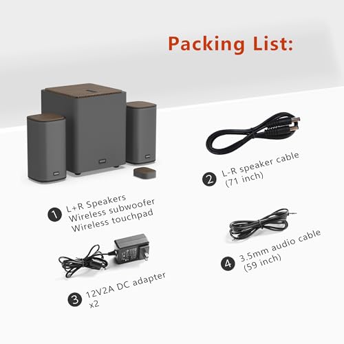 KEiiD 2.1 Bluetooth Computer Speakers with Wireless Subwoofer and Wireless Touchpad for Desktop Laptop Pc Stereo Gaming Speakers, 4 EQ Modes, Aesthetic Style with Great Sound Quality