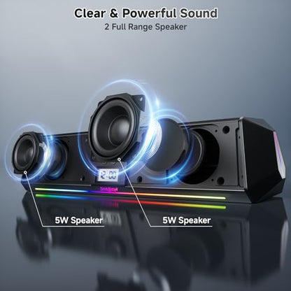 SOULION Bluetooth Computer Speakers USB Plug & Play with Clock & LED | Digital Clock Display, Bottom Mirror Lighting, LED Rainbow Lights & 5 Kinds of Modes, USB/Bluetooth/AUX Mode, Powerful Sound