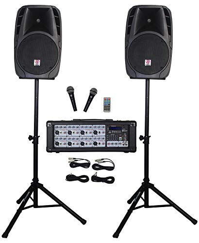 Rockville RPG2X12 PA Speaker System - Dual 12 Inch Powered Speakers, 8-Channel Mixer with Bluetooth, Adjustable Stands, 2 Wired Microphones, Cables - size: 12"