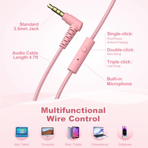 AILIHEN I35 Kids Headphones for School with Mic, 93dB Volume Limited, Pink | Wired On Ear Headphones for Kids Girls, Foldable Lightweight Headphone for Classroom Learning & Entertainment Travel Computer - color: Candy Pink