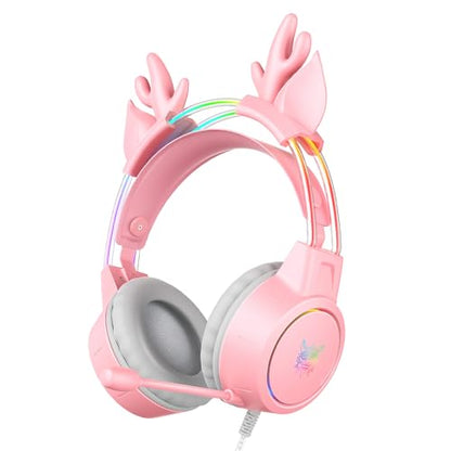Lightweight Gaming Headset, RGB Lighting, Wired Over Ear Headphones with Mic for PC, PS4, PS5, Xbox, Switch, Stereo Surround Sound, Self-Adjusting Headband, Pink Deer Ear - color: Pink Deer Ear