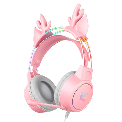 Lightweight Gaming Headset, RGB Lighting, Wired Over Ear Headphones with Mic for PC, PS4, PS5, Xbox, Switch, Stereo Surround Sound, Self-Adjusting Headband, Pink Deer Ear - color: Pink Deer Ear