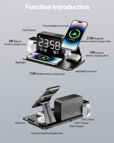 7-in-1 Magnetic Wireless Charging Station with Digital Clock & LED Lamp | 65W Power Adapter, 25W Fast Charging, 6-Device Charging Hub, Rotatable Stand, Bluetooth TimeSync, Qi Magsafe Compatible