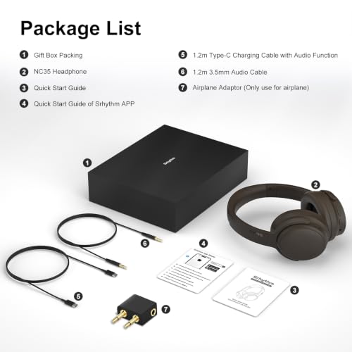Srhythm NiceComfort 35(2nd Gen)Noise Cancelling Headphones 4-Speakers 40kHz | HD Sound,140 Hours' Ultra-long Playtime for Travel, Bluetooth 6.0, 5 Microphones ENC,Transparency,Spatial Audio,Low Latency - color: Dark-coffee Color