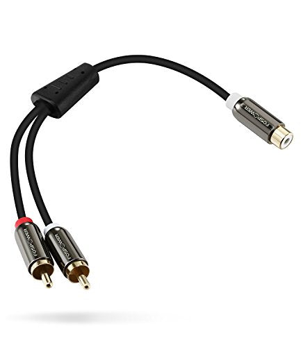 FosPower Y Adapter (8 inch) 2 RCA (Male) to 1 RCA (Female) Stereo Audio Y Adapter Subwoofer Cable (24k Gold Plated) 2 Male to 1 Female Y Splitter Connectors Extension Cord | Dual-shielded RCA Y-splitter cable (2 RCA male to 1 RCA female) with 24K gold con