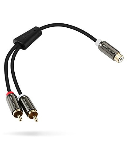 FosPower Y Adapter (8 inch) 2 RCA (Male) to 1 RCA (Female) Stereo Audio Y Adapter Subwoofer Cable (24k Gold Plated) 2 Male to 1 Female Y Splitter Connectors Extension Cord | Dual-shielded RCA Y-splitter cable (2 RCA male to 1 RCA female) with 24K gold con