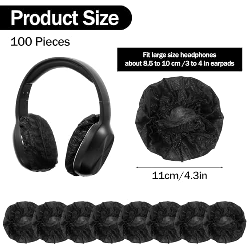 100Pcs Disposable Black Headphone Ear Covers, 11cm/4.3in Stretchable Non-Woven Sanitary Earpad Protectors, Ear Pads Covers Fits Most On-Ear and Over-Ear Headphones