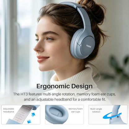 TOZO HT3 Hybrid Noise Cancelling Wireless Headphones, 90H Over Ear Headset | Hi Res Audio, AI Voice Assistant, Dual Device Connection, 32 Custom EQs, Built In 5 Mics, ANC, Foldable, Bluetooth 6.0 - color: Titanium Blue