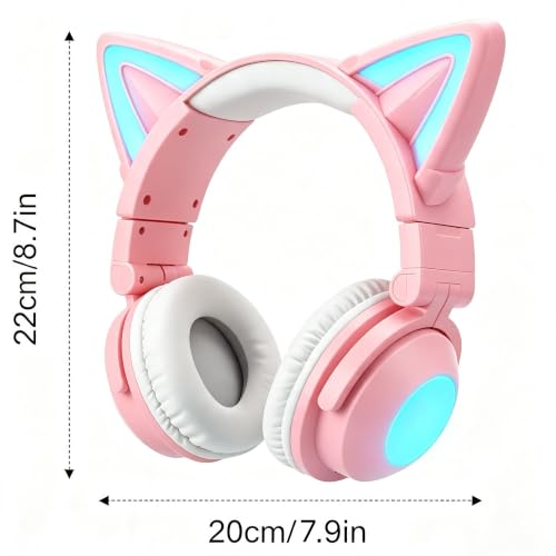 Cat Ear Bluetooth Headphones for Kids Adult, LED Gaming Headset | Toddler Girl Headphones, Bluetooth Over Ear Headphones with Microphone,Foldable,Phone/PC/Tablet/TV Compatible,Pink - color: Pink