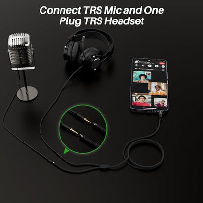 1/8inch Aux Headphone Splitter 2 Way Cable 1FT, 3.5mm 1 Male to 2 Female Mic and Audio Y TRRS Adapter, Compatible with Headset Earphone Switch 2/PS4/PS5 Steam Deck Xbox PC Laptop Phone Tablet Gaming - size: 1FT