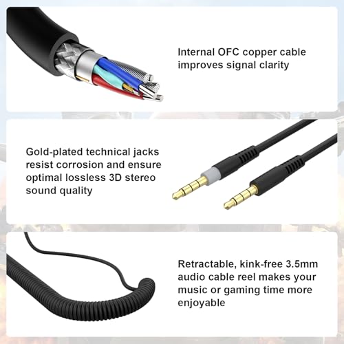 Saipomor 3.5mm Coiled Audio AUX Cable Compatible with HyperX Cloud Mix and Cloud Alpha Gaming Headphones – Replacement Cord for Kingston HyperX Headsets