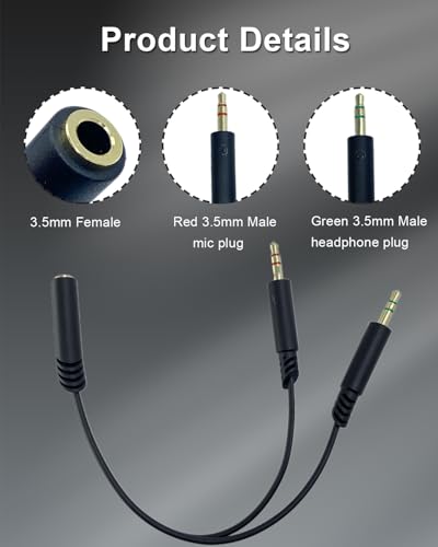 3.5mm Female to Dual 3.5mm Male Headphone Splitter for Computer | Headphone Mic Audio Y Splitter Cable, Headset Smartphone to Dual Jack PC Laptop Adapter, Black