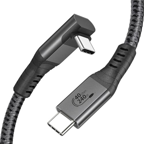 XAOSUN Right Angle USB 4 Cable for 90 Degree Thunderbolt 4 Cable Grey 3.3FT | 40Gbps Data Transfer, PD3.1 QC5.0 240W Fast Charging, 8K@60Hz Video Cable, for MacBook Air Pro, iPad, iPhone 17, Monitor, SSD - size: 1FT
