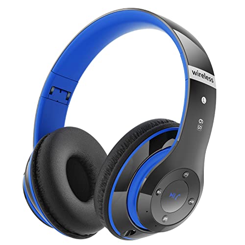 Bluetooth Headphones Over Ear, 6S Foldable Wireless Headphones with 6 EQ Modes, 40 Hours Playtime HiFi Stereo Headset with Mic, Soft Ear Pads, TF/FM for Cellphone/PC/Home (Black & Blue) - color: Black & Blue