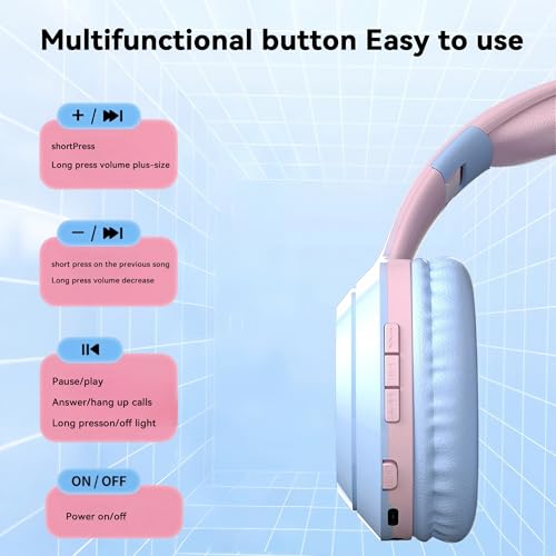 Cat-Ear Wireless Headphones Bluetooth 5.3 Over the Ear Headphones with RGB Light Built-in Mic Foldable Fashionable Stereo Headset Support TF Card for Gaming Travel PC Phone iPad（Ice Blue） - color: Ice Blue