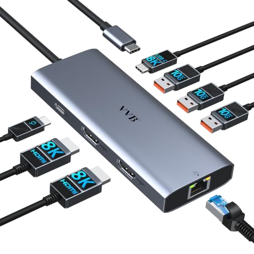 USB C Docking Station Dual Monitor HDMI Laptop Docking Station 3 Monitors | Docking Station with 3*8K USB C+2 HDMI,10G USB A/C ports,100W PD,Ethernet,USB C Hub Multiport Adapter for Windows Laptop - color: Medium Gray