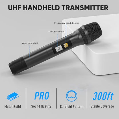 Wireless Microphone System, Pro 4 Channel UHF Mics Set with Metal Cordless Handheld Mics & Receiver, 200 Adjustable Frequency, 300ft Range for Singing, Church, Karaoke, Party - size: 4 Mics