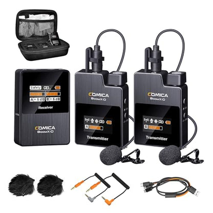 COMICA BoomX-D2 Wireless Lavalier Microphone for Camera iPhone & Android | 656ft Stable Range, Noise Cancelling, Dual Lapel Mic System with 2 Transmitters, Ideal for Vlog, YouTube, Content Creators