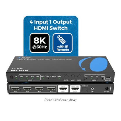 OREI 8K 4-Port HDMI Switch, HDMI Audio, 3.5mm, Optical, Dolby Atmos, DTS:X