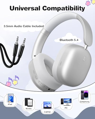 Wentronic Kids Headphones Wireless Bluetooth 5.4,Foldable Over Ear Headphones with 3.5mm Wired Mode,Safe Volume Limit,48H Playtime,Clear Calls,HD Sound for Toddlers/Children/School/Travel,Silver - color: Silver