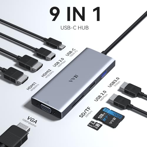 Laptop Docking Station 3 Monitor USB C Docking Station Dual Monitor Adapter | USB C Hub Multiple Adapter Dongle with 2 HDMI 4K+VGA+100W PD Charger+3 USB Port+SD/TF Card Reader for Lenovo Dell HP Laptop - size: 3.1 inches