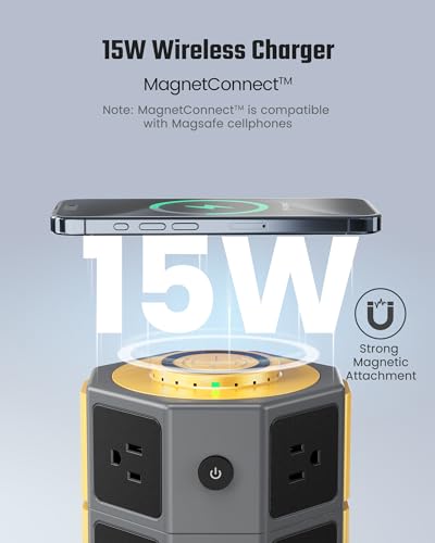 Power Strip Tower, SUPERDANNY Surge Protector Tower with 15W Wireless Charger, 1050J, 13A Charging Station with 12 AC Outlets & 6 USB Ports (2 USB C), 6.5ft Extension Cord for Home Office Dorm, Gold | Surge Protector Tower, Charging Station with 12 AC Out