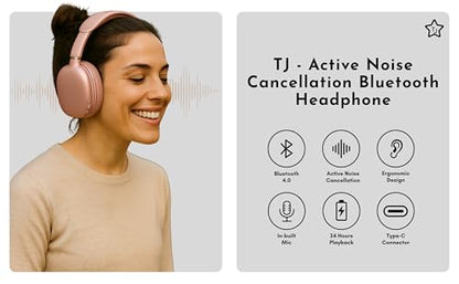 TJ Home Essentials Active Noise Cancellation Bluetooth Over Ear Headphones Leather Wireless Headset Wired Built-in MIC 24H Playtime High Res Audio Travel/Work/Students/Running/Gym((Pink) - color: Pink