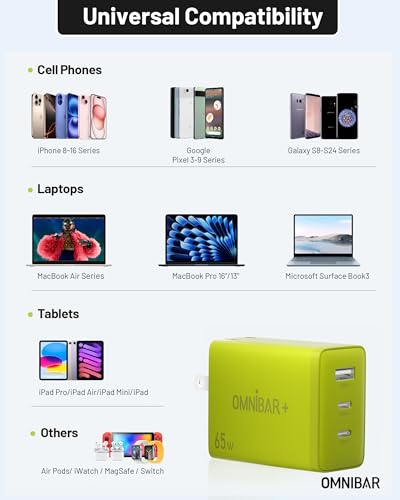 65W USB C Charger Block, 3-Port GaN Fast Wall Charger Power Adapter | 2 USB-C & 1 USB-A, Foldable Plug, PD 3.0 PPS Fast Charging, for iPhone 17/16/15, Galaxy S26/S25, Pixel 10/9, iPad & MacBook - color: Lime Green