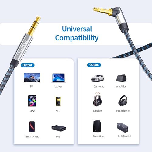 Meokse Aux Cord 6FT Cable 3.5mm Male to Male Stereo Audio Cord 90 Degree Right Angle Aux Audio Cable 2Pack Nylon Braided AuxCable Compatible with Beats iPhone Tablets Speakers 24K Gold Plated - size: 6FT/1.8M