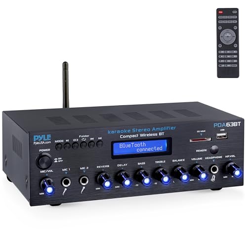Pyle Wireless BT Stereo Amplifier - Multi Channel, 200 Watt Power, Home Audio Receiver System with FM Radio, BT, USB SD, AUX, RCA, Mic-in, BT and FM Antenna