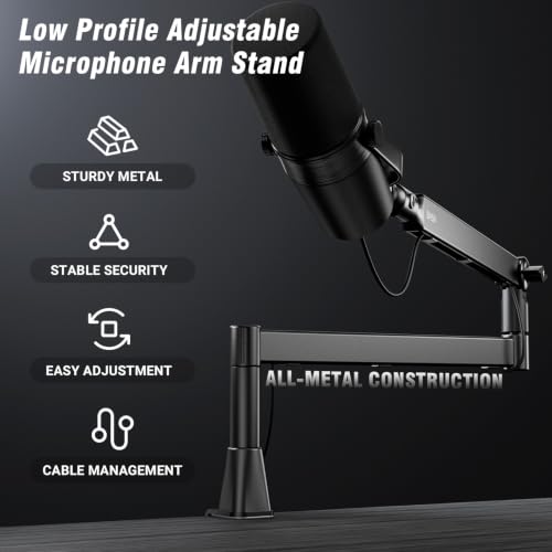 BASN Low Profile Microphone Boom Arm Stand with Desk Clamp - Rotatable & Storable Design, Cable Management Channel, 3/8" to 5/8" Thread Adapter for Podcast, Gaming, Streaming, Vocal Recording