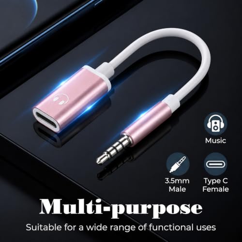 Pink UsbC Female to 3.5mm Male UsbC Female to Aux Male Audio Adapter Headphone Jack Adapter USB-C to Aux Cable Cord Compatible with Smartphones, Tablets, Laptops, MP3 Players