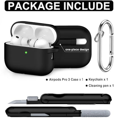 RFUNGUANGO AirPods Pro 3 Case Silicone Protective Cover, Black | Compatible with AirPods Pro 3rd Generation, Wireless Charging Compatible with Cleaning Kit & Keychain - color: A-A-Black, size: AirPods Pro 3 Case