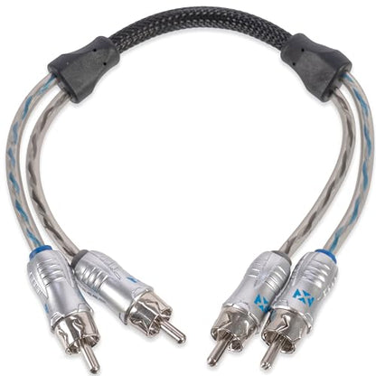 NVX XIX2025 0.82 ft (0.25 Meter) Oxygen Free Copper 2-Channel Double Twisted Pair X-Series Car Audio RCA Audio Interconnect Cable w/Shielded Noise Reduction and Split-tip Silver-Plated Machined Ends | Oxygen Free Copper Double Twisted Pair X-Series with S