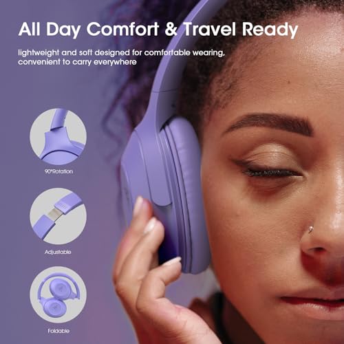 DOQAUS Bluetooth Headphones Over Ear, 70H Playtime,3 EQ Modes, with ENC Mic | HiFi Stereo Sound, Deep Bass, Soft Memory Foam Earpad, BT5.4, Headphone Wireless for Phone PC Travel Home Office, Purple - color: Purple