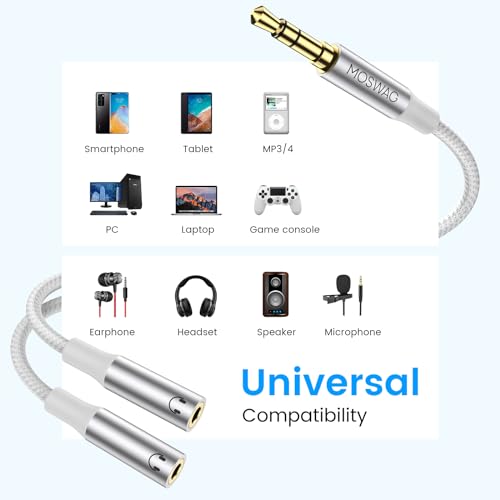 MOSWAG Headphone Splitter 3.5mm Splitter 2 Way Audio Y Splitter Stereo Cable Earphone Jack Adapter for iPhone Samsung PS4 Switch Tablets PC Laptop MP3 - color: White