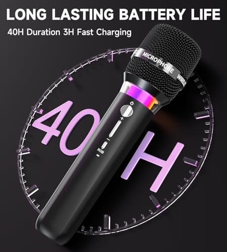 Wireless Microphone, Rechargeable Wireless Microphones with One-to-One Chip Connection and LED Lights, 40H Duration, 200FT Range Receiving, Less Latency Karaoke Microphone for Singing, Speech, Party - color: Black