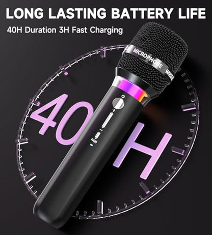 Wireless Microphone, Rechargeable Wireless Microphones with One-to-One Chip Connection and LED Lights, 40H Duration, 200FT Range Receiving, Less Latency Karaoke Microphone for Singing, Speech, Party - color: Black