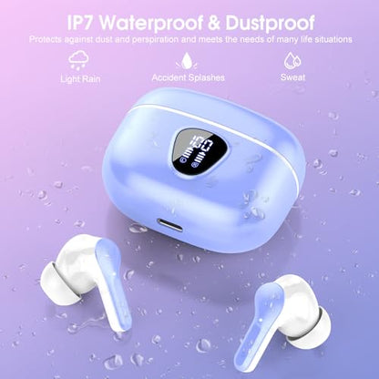 Wireless Earbuds, Bluetooth 5.4 Headphones HiFi Stereo, Bluetooth Earbuds | with ENC Noise Cancelling Mic,IP7 Waterproof in Ear Earphones,48H, LED Display Ear buds for Pad Phones Workout, White Purple - color: White Purple