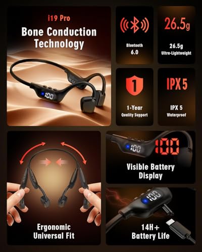 Bone Conduction Headphones, 14H Playtime Bluetooth 6.0 Open-Ear Earbuds with Mic, IPX5 Waterproof Lightweight Headset, Wireless Sport Earphones for Running, Cycling, Gym Workouts(Black) - color: Black