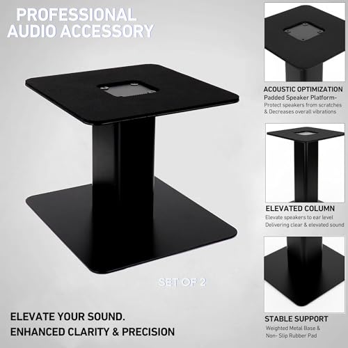 Tlingt Desktop Speaker Stands Pair, 7"x7" Metal Tray, 6" Tall | Heavy-duty Metal Tray Supports 4"-7" Monitors & Bookshelf Speakers, Sturdy Flat Base, Compact Riser for Home/Studio Setups - size: 6" Tall
