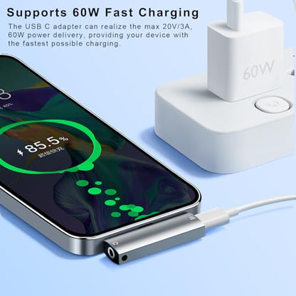 AreMe 2-in-1 USB C to 3.5mm Headphone & Charger Adapter | Type C to Aux Audio Jack with PD 60W Charging Splitter Dongle for iPhone 15/16 Series, iPad, Galaxy, Note, Pixel and More