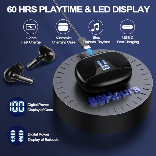 Wireless Earbuds Bluetooth 5.4 in Ear Headphones Touch Control HiFi Stereo True Ear Buds IP7 Waterproof 38H Playback LED Power Display Lightweight Earphones for Work Sports Travel